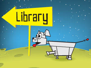 Sparky pointing to library